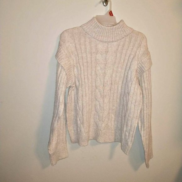 Time & tru women's high neck sweater M 8-10 beige cream Ribbed Cable Knit W-312 - Picture 2 of 4